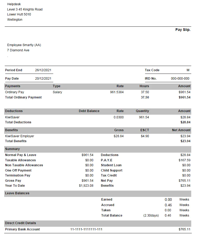 Smartly | Payslip Template Example for NZ Employees